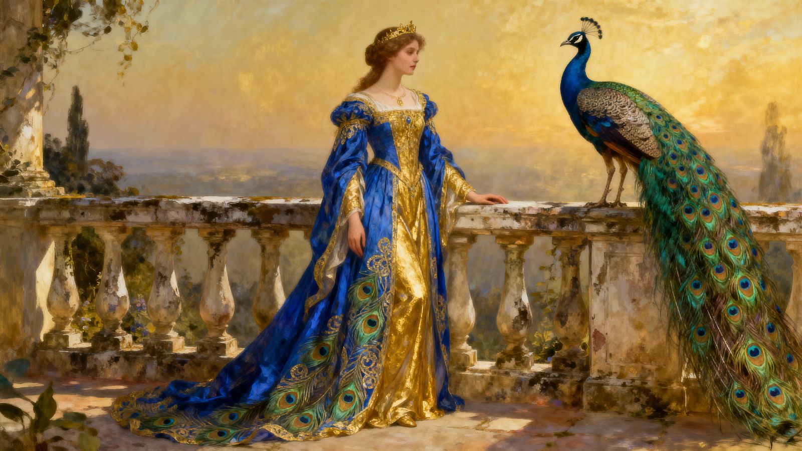Regal Woman in Peacock Gown on Balcony