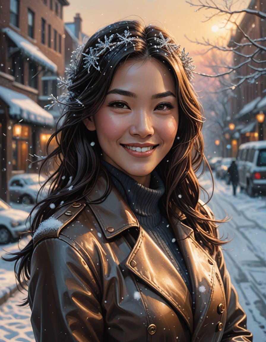 Asian Woman in Elegant Winter Coat, Smiling into Sunset