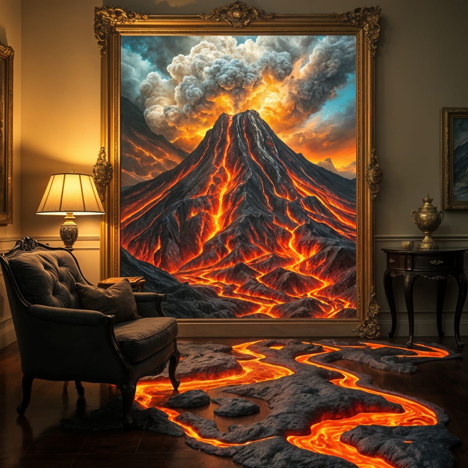 Surreal Volcanic Eruption Unfolds Beyond a Golden Frame