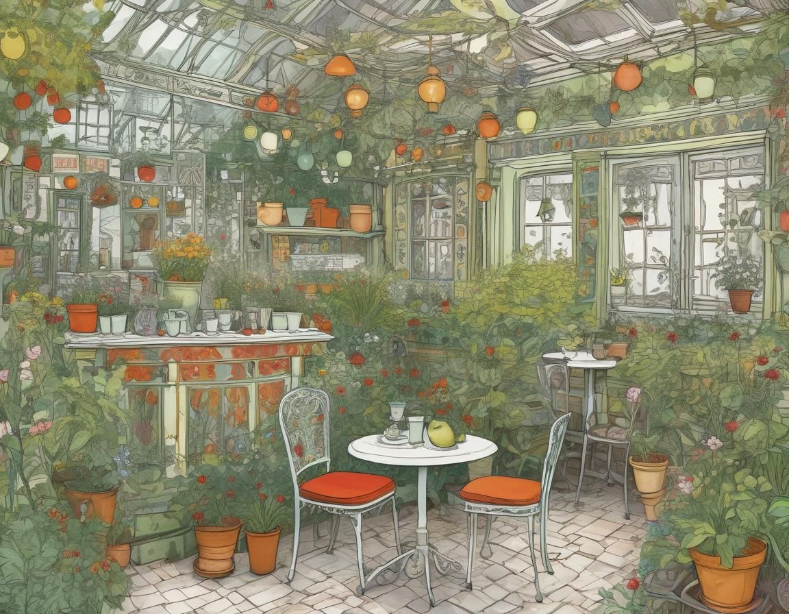 Whimsical Garden Café Doodle Art