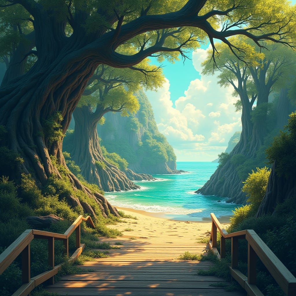 Mystical Forest Meets Vibrant Boardwalk in Dreamlike Scene