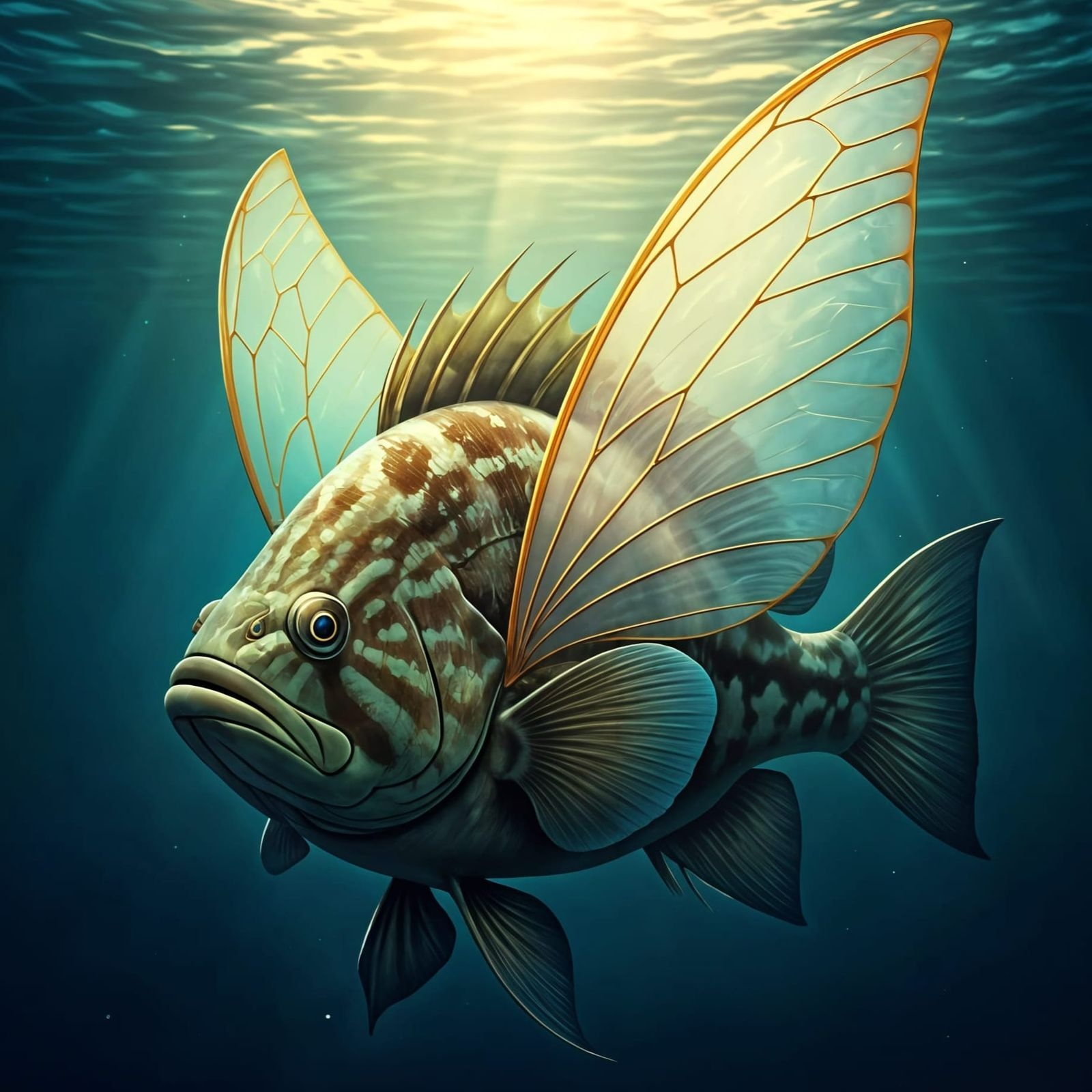 Surreal Grouper Fish Soars with Ethereal Wings