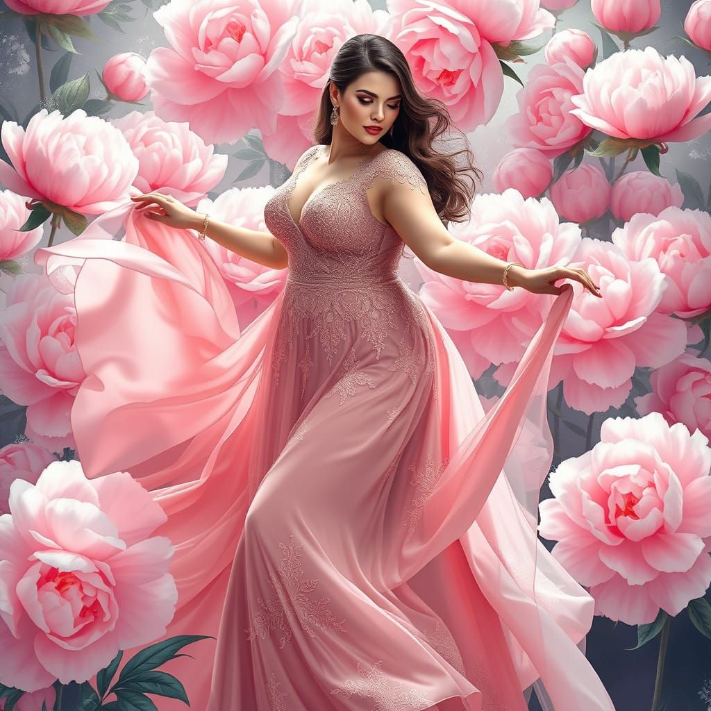 Plus-Size Goddess in Opulent Dance Pose with Peonies and Fro...