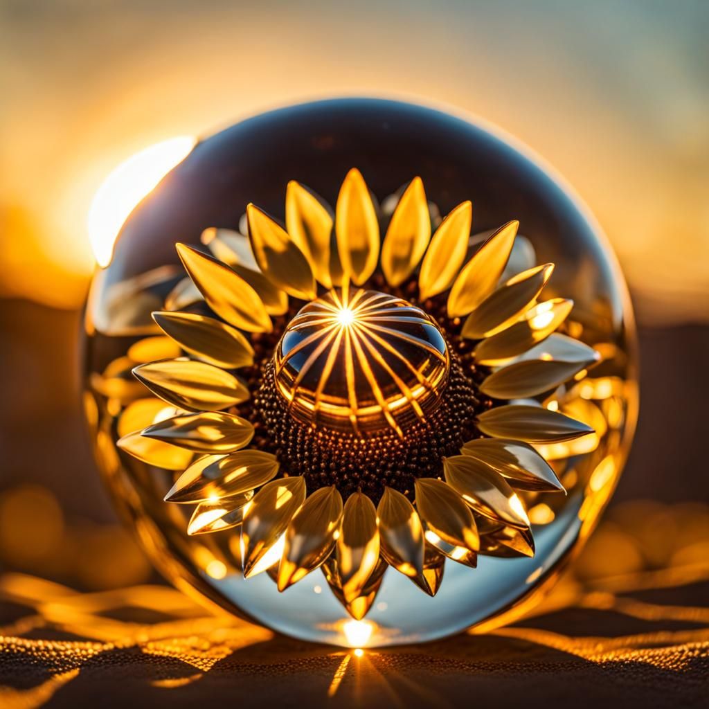 Sunflower in Steampunk Crystal Sphere, Golden Hour