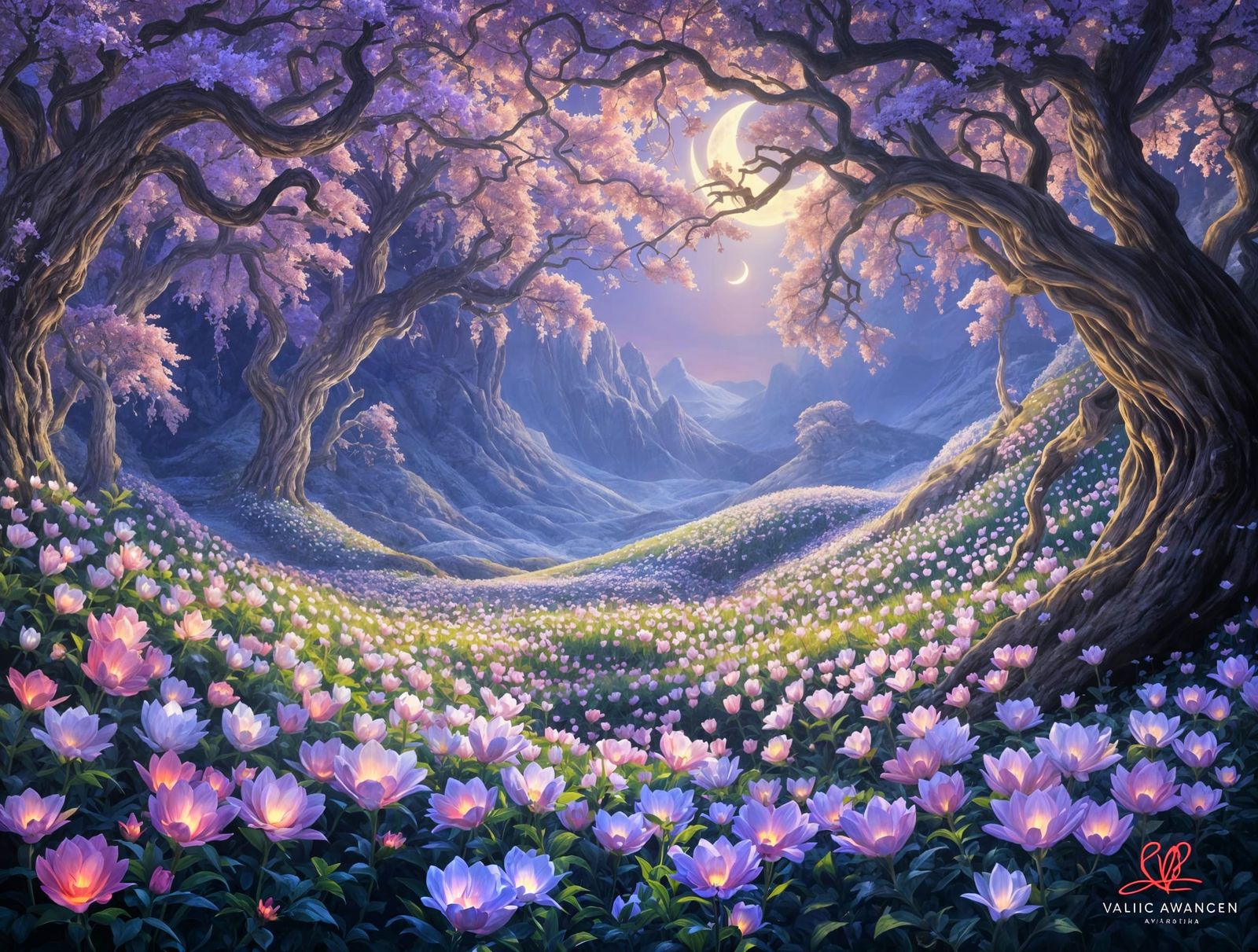 Enchanted Garden of Luminous Flowers Under Moonlight