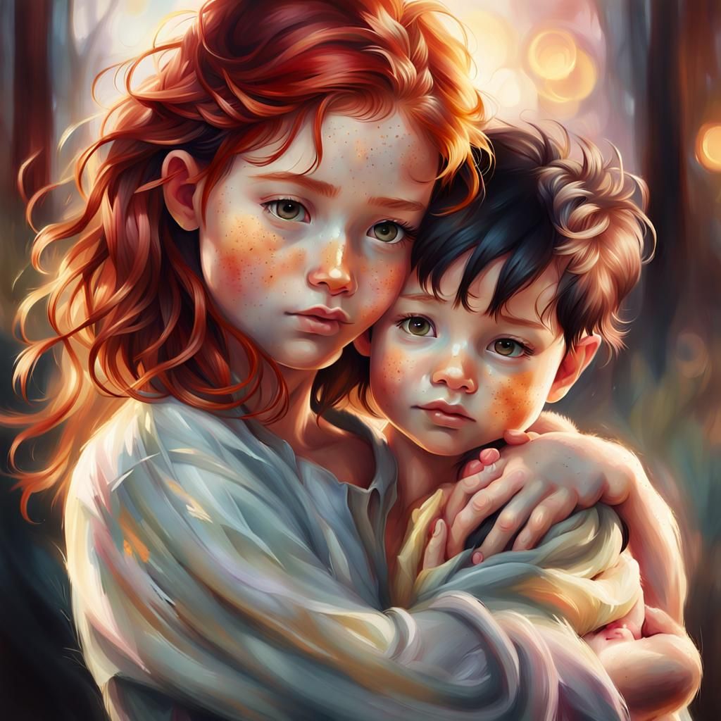 Whimsical Portrait of a Redheaded Girl and Baby Boy
