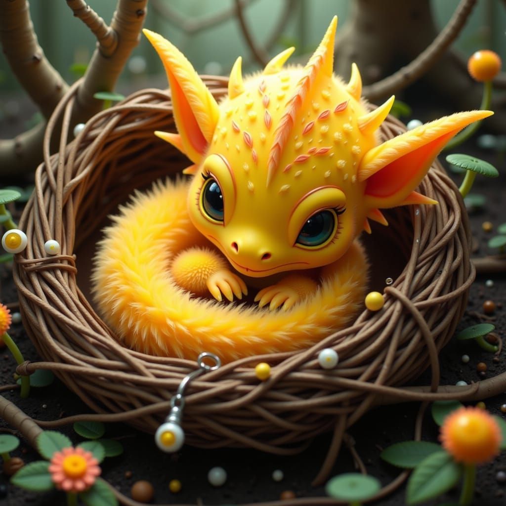 Furry Yellow Dragon Snuggles in Bird's Nest