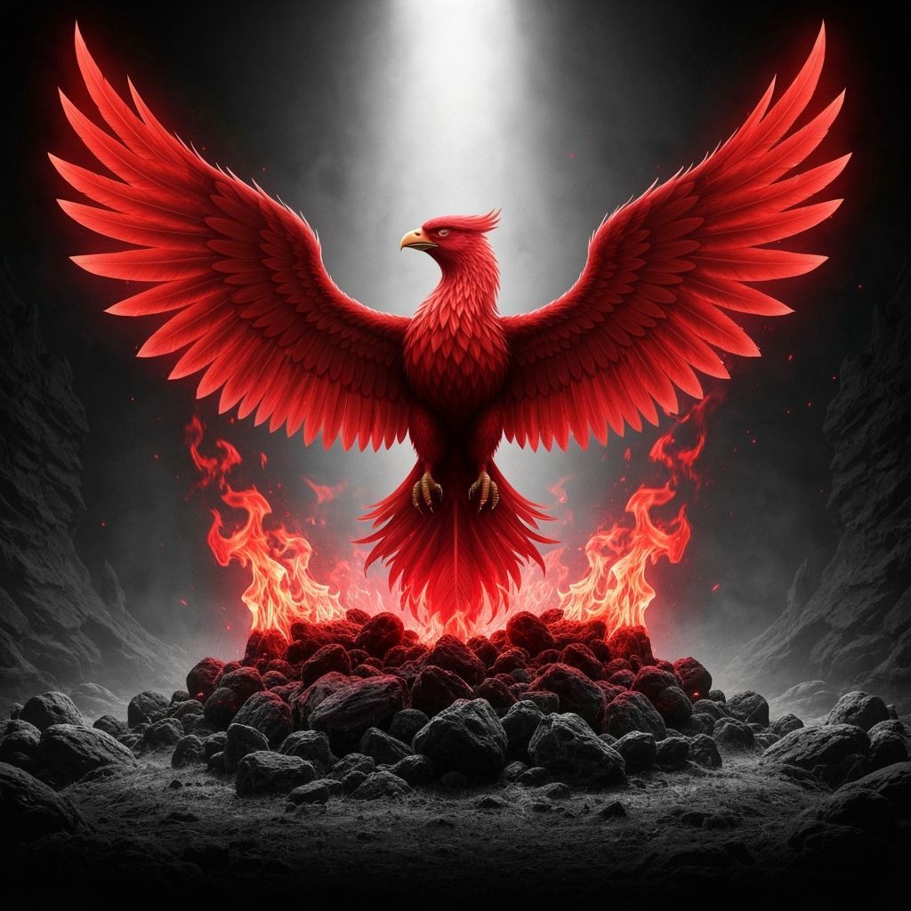 Red Phoenix Rising from Ashes in Dramatic Light