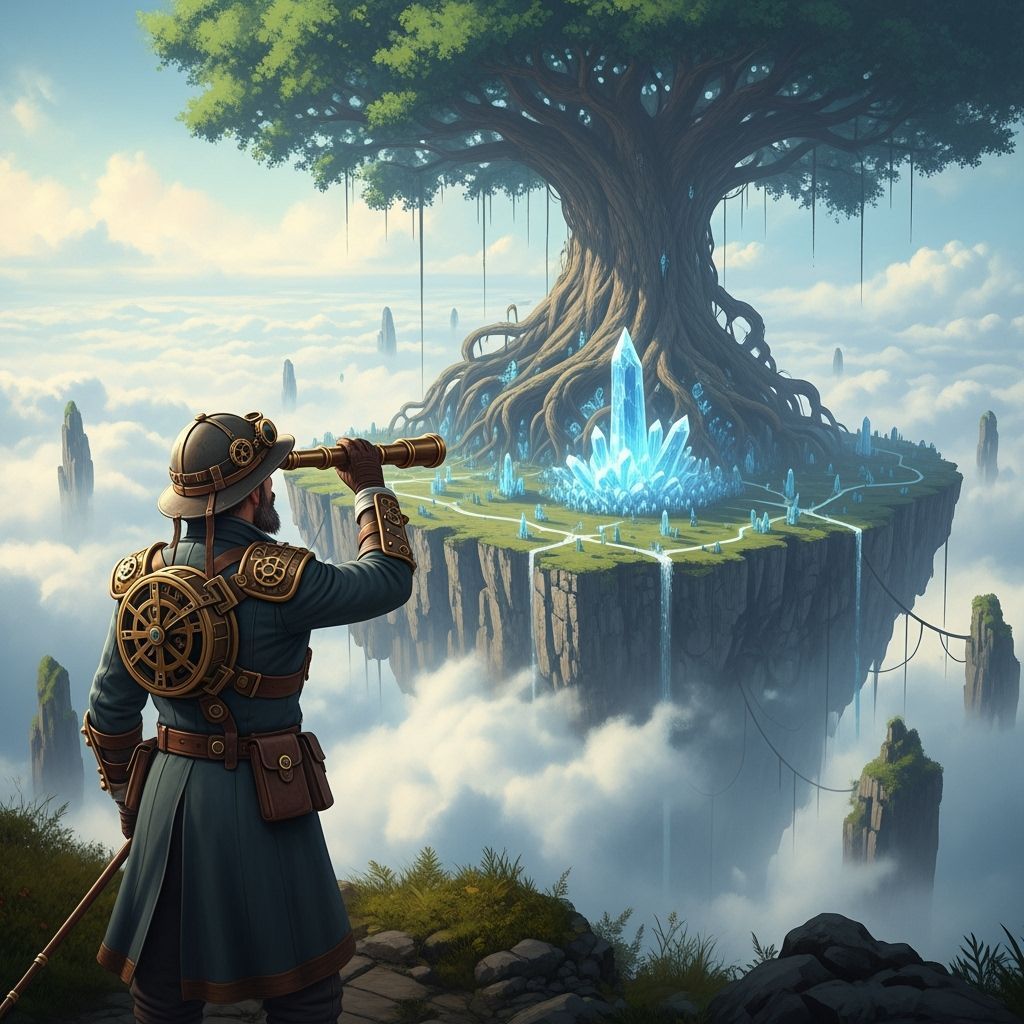Steampunk Explorer on Floating Island, Ancient Tree