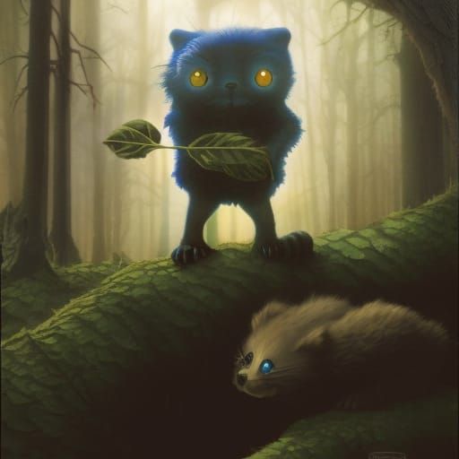 One-Eyed Monster Cub in Forest, Detailed Comic Art
