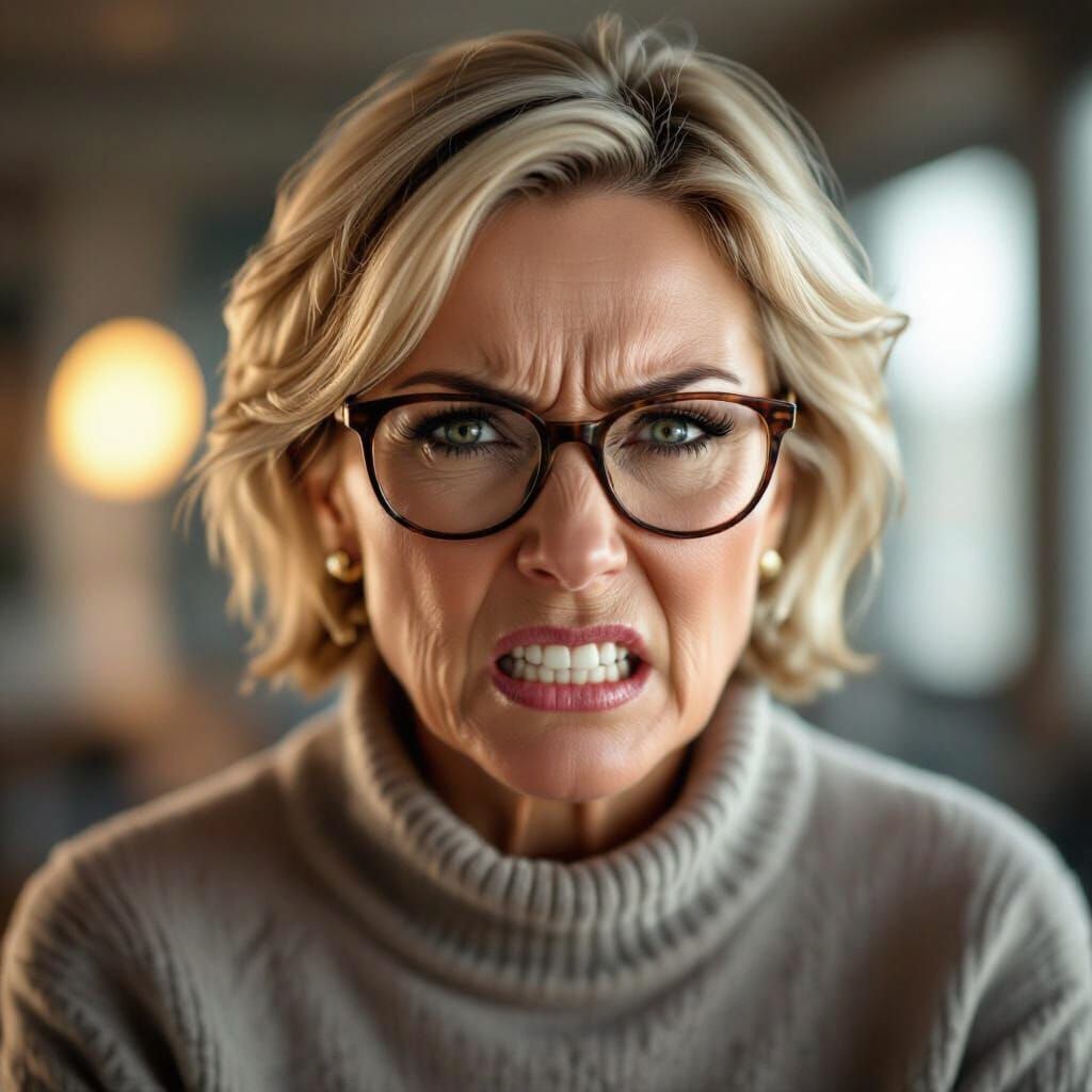 Photorealistic Portrait of Angry Middle-Aged Woman with Glas...