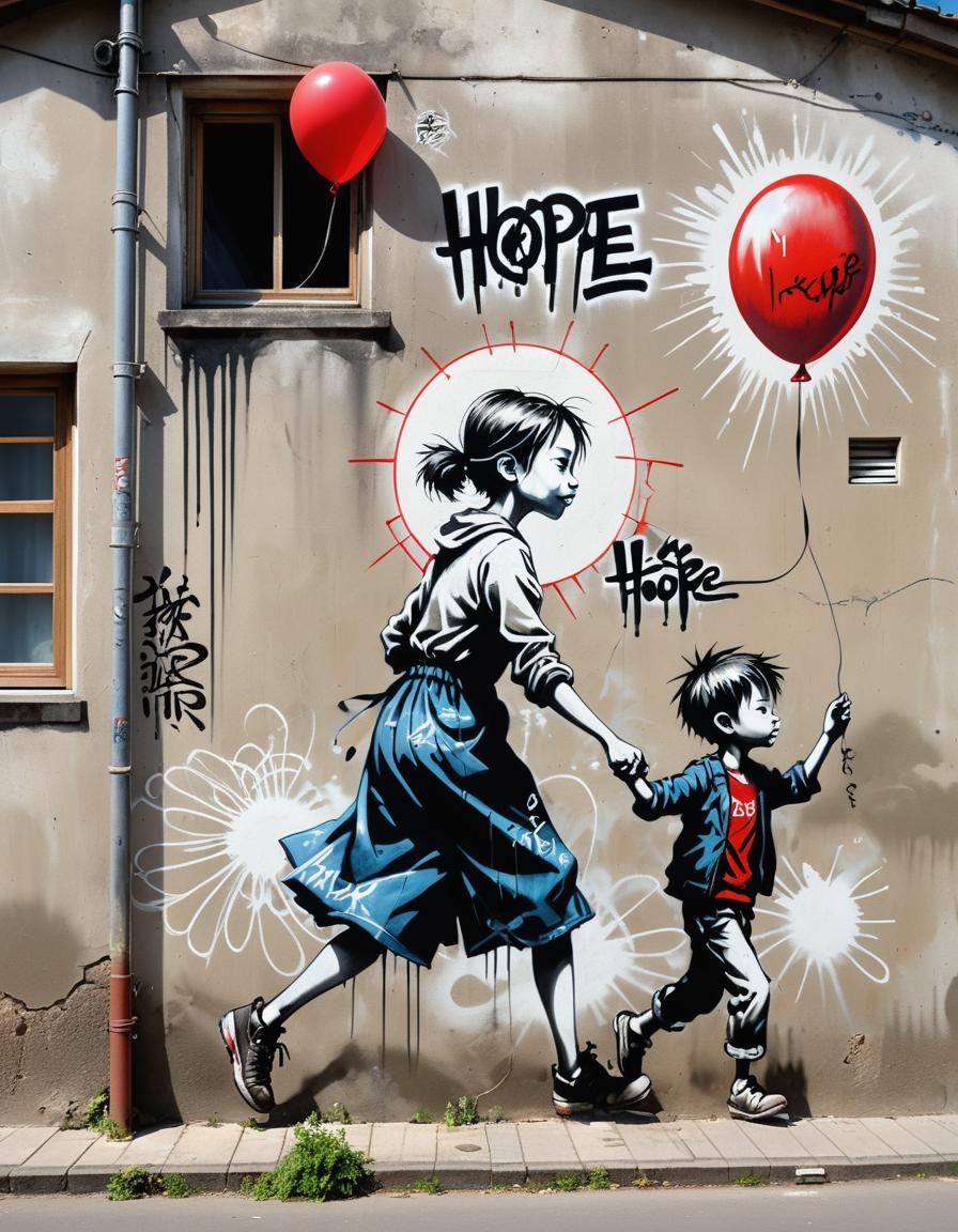 Graffiti Mural of Hope with Red Balloon