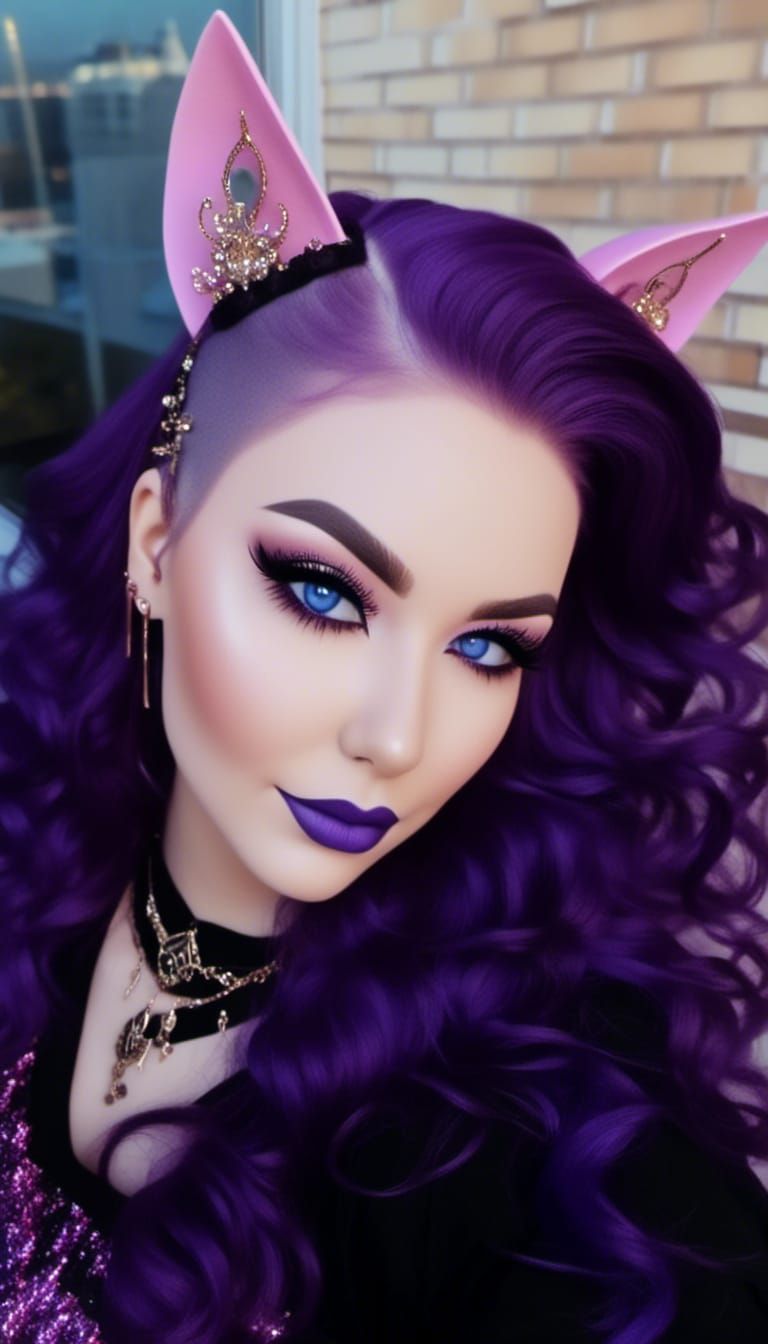 Cat-Eared Woman Reading in Neon Cityscape