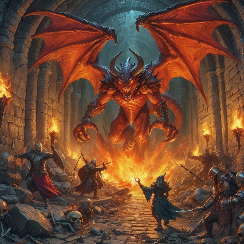 Demonic Balrog Confrontation in Stone Dungeon, Digital Oil P...