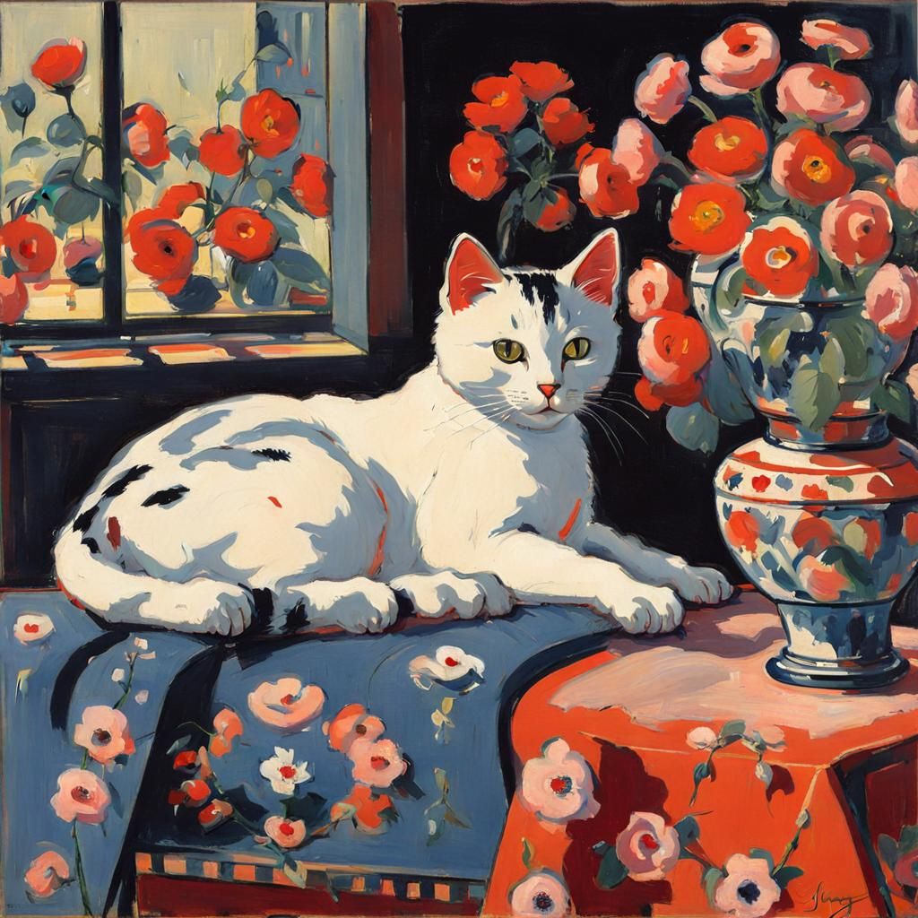 Cat with Flowers in Fauvist Style