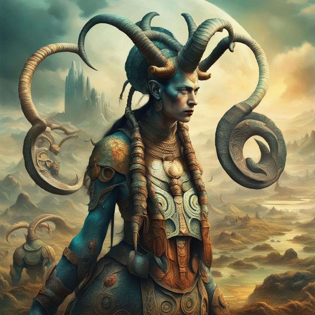 " Full length portrait of a beautiful warlike amazon with ram horns detailed digital painting, deep colors, fantastic an...