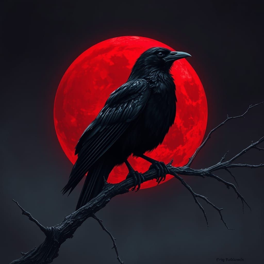 Sinister Raven on Branch Before Blood Moon