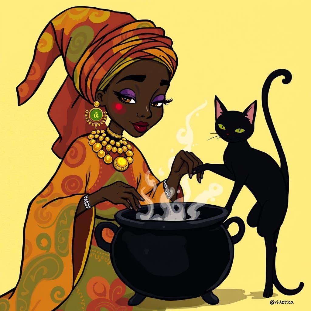 African Witch Stirring Cauldron in Cartoon Style