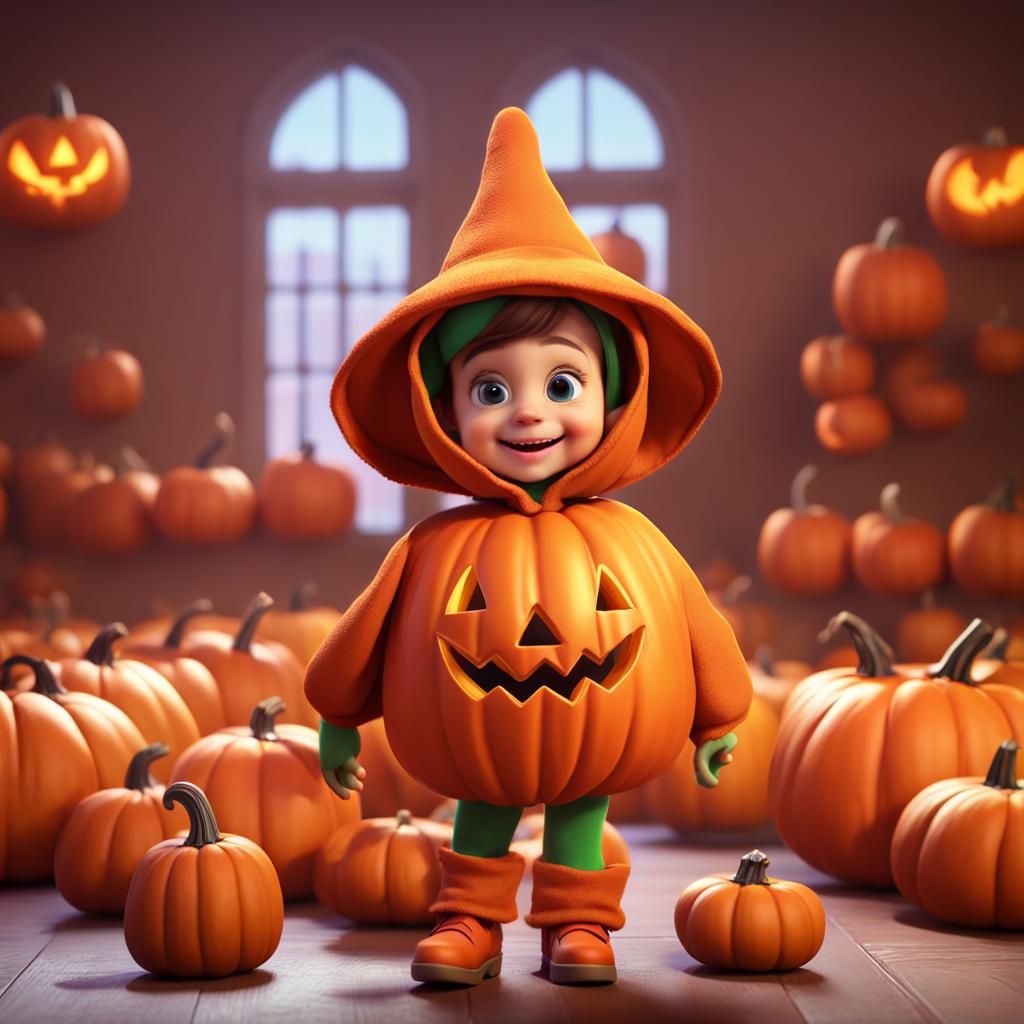 Adorable Child in Pumpkin Costume: 3D Digital Art