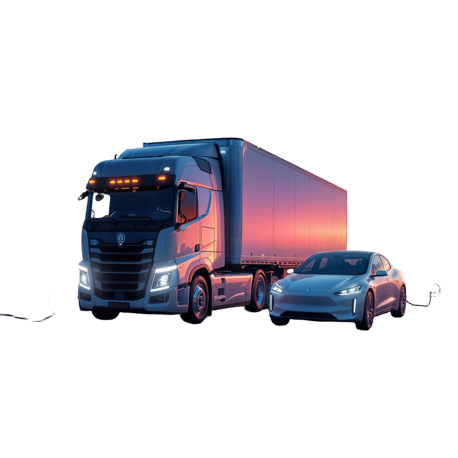 Futuristic Electric Truck Recharges Car Mid-Highway Drive