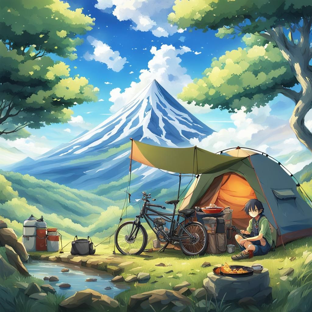 Anime Biker Camping Near Mountain Stream