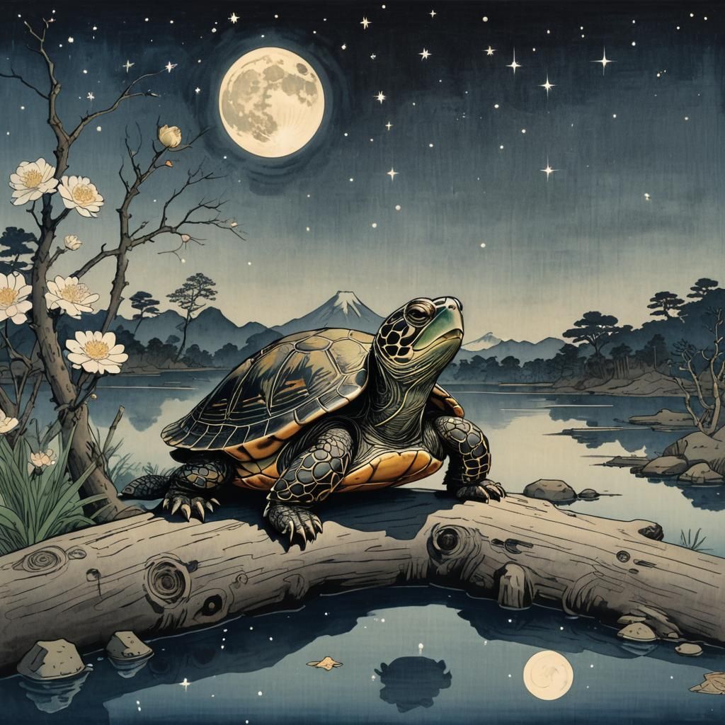 Turtle Gazing at Moonlit Stars in Ukiyo-e Style