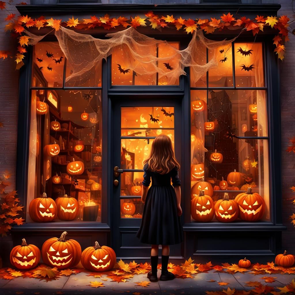 Halloween Shop Window with Jack-O'-Lanterns