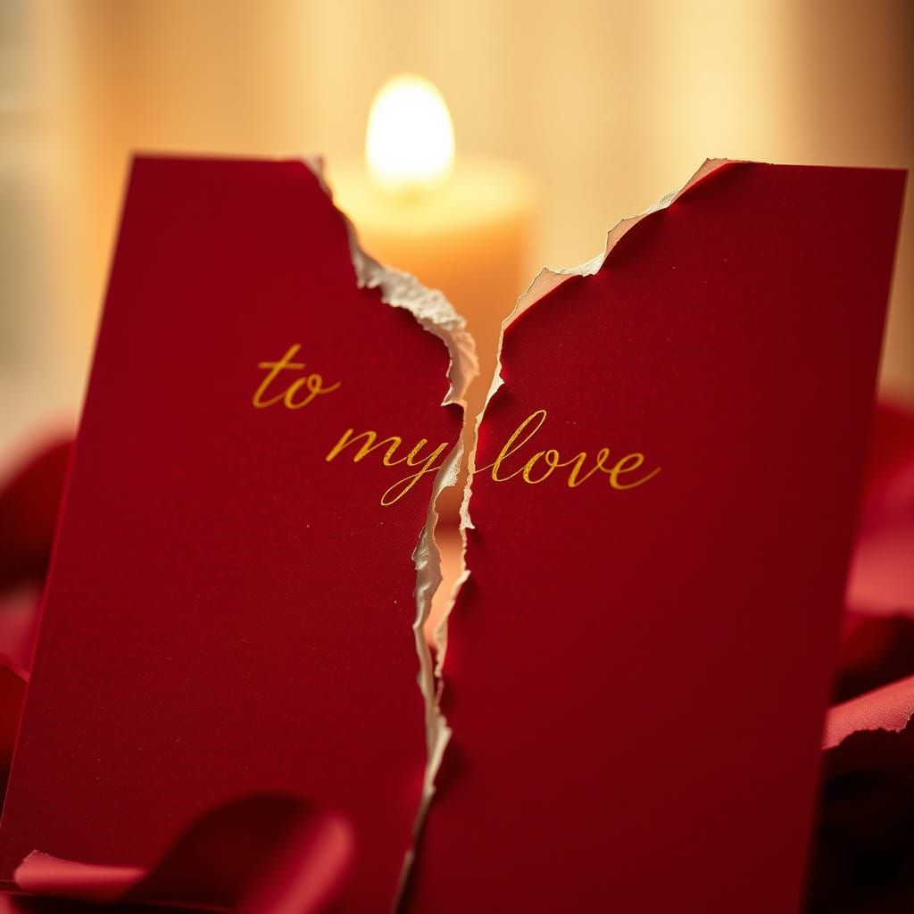 Torn Valentine's Day Card in Warm Candlelight