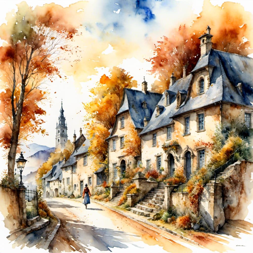 Woman Walking at Sunrise in Village Watercolor