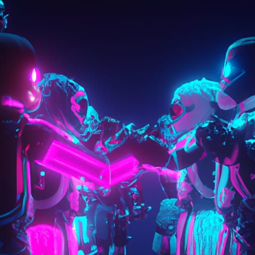 Cyberpunk Reunion: Man and Team in Metallic Hues