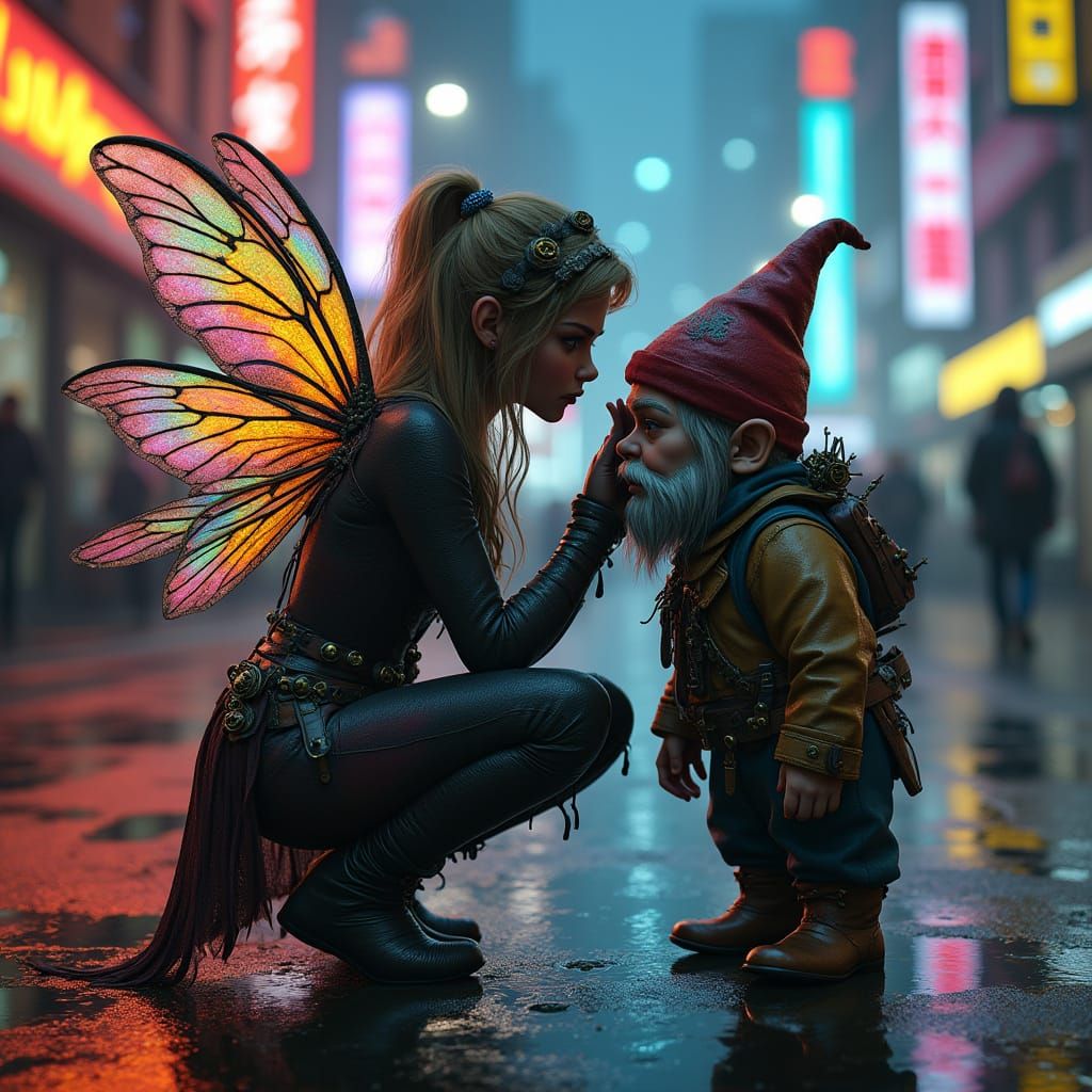 Steampunk Fairy Touches Gnome in Cyberpunk Cityscape