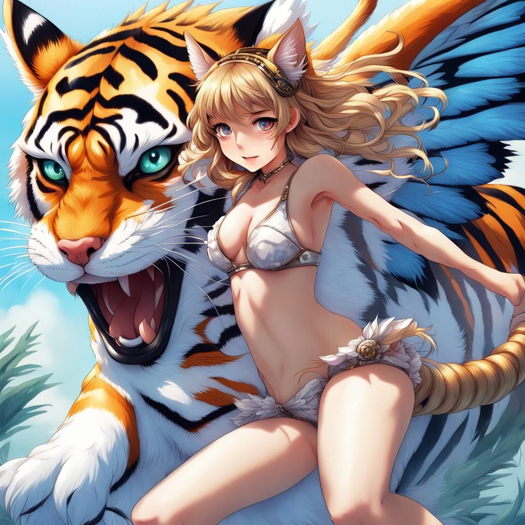 Alice on Winged Tiger in Anime Style