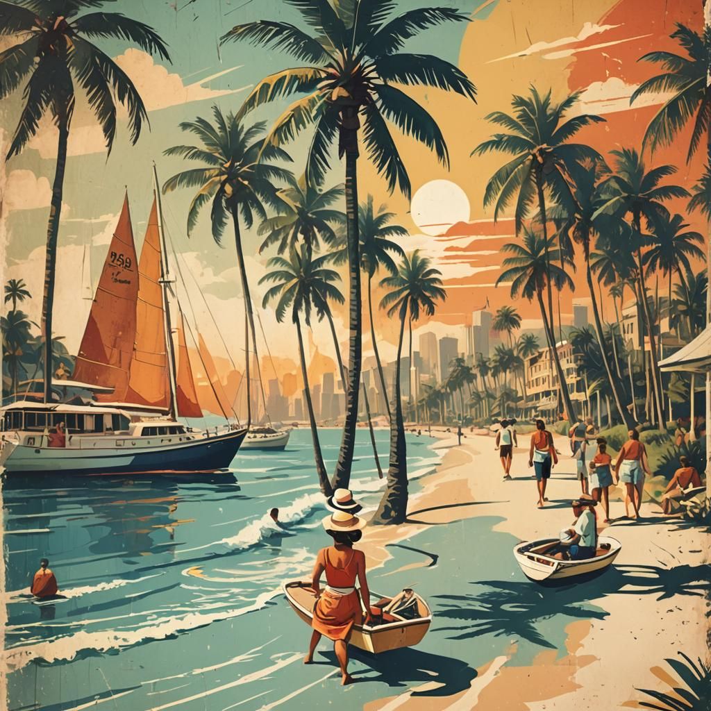 Vintage Travel Poster with Beach and Sailboats
