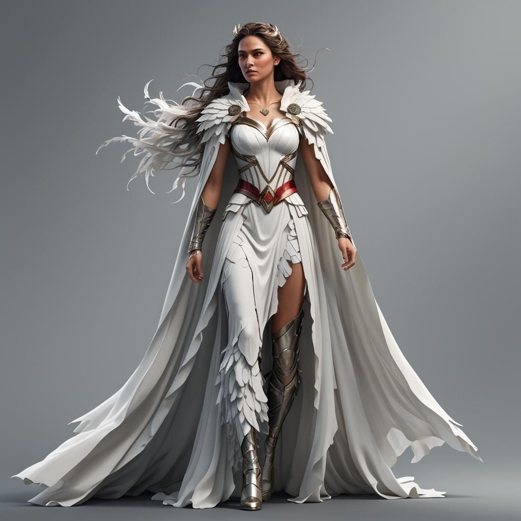 Female Superhero in White Dress: Detailed Digital Art