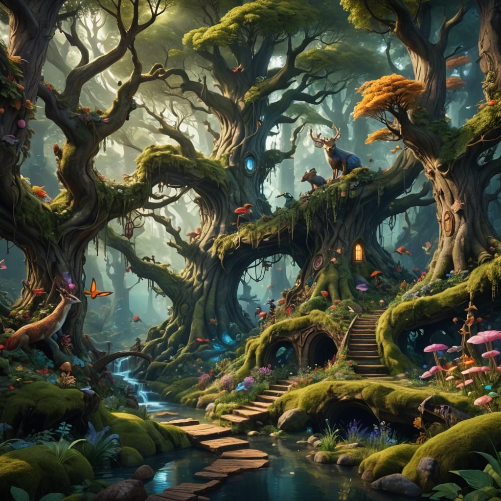 Enchanted Forest with Mythical Creatures: Fantasy Art