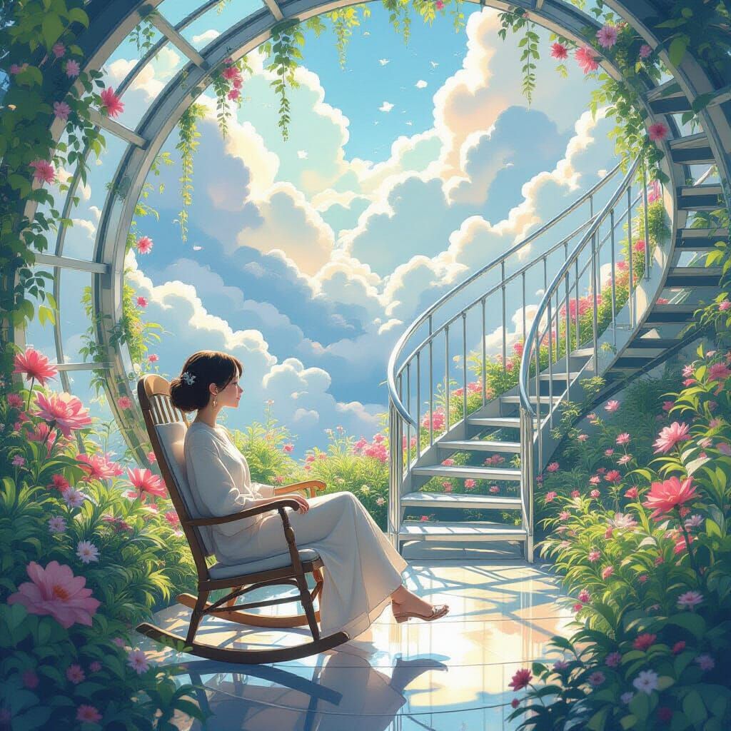 Futuristic Greenhouse with Bioluminescent Flora in Ghibli St...