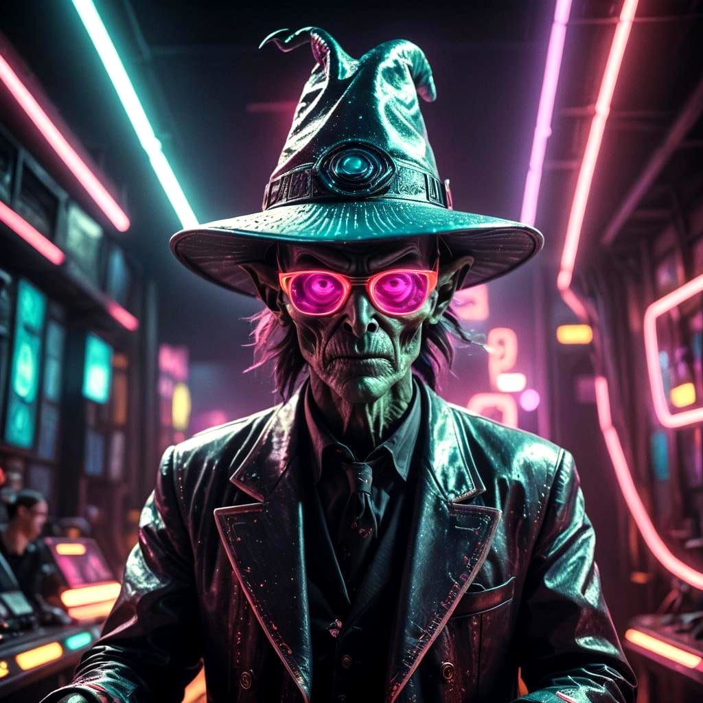Alien Magician with Neon Glasses: Cinematic Still