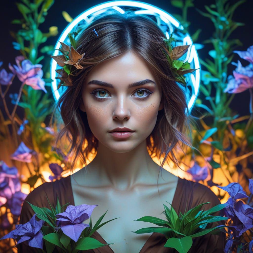 Woman in Electric Dreamscape with Neon Glow