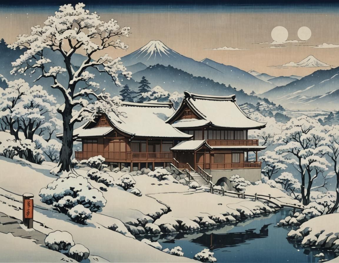 Japanese House in Winter Landscape, Ukiyo-e Style