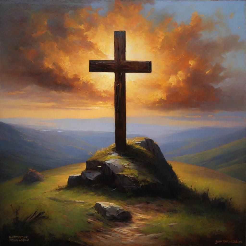 Old Rugged Cross on Distant Hill: Oil Painting