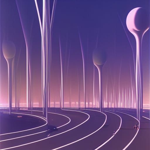 Futuristic Freeway with Giant Allium by Syd Mead