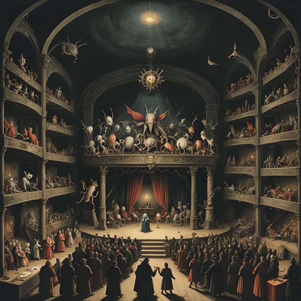 Surreal Stage with Bosch-Style Creatures