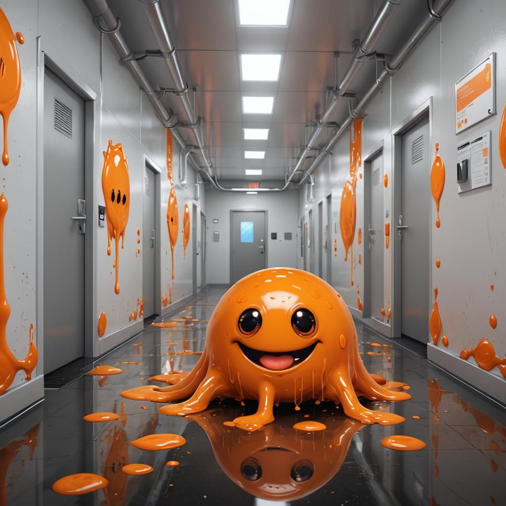 Cute Orange Slime Creature in Laboratory, 3D Art