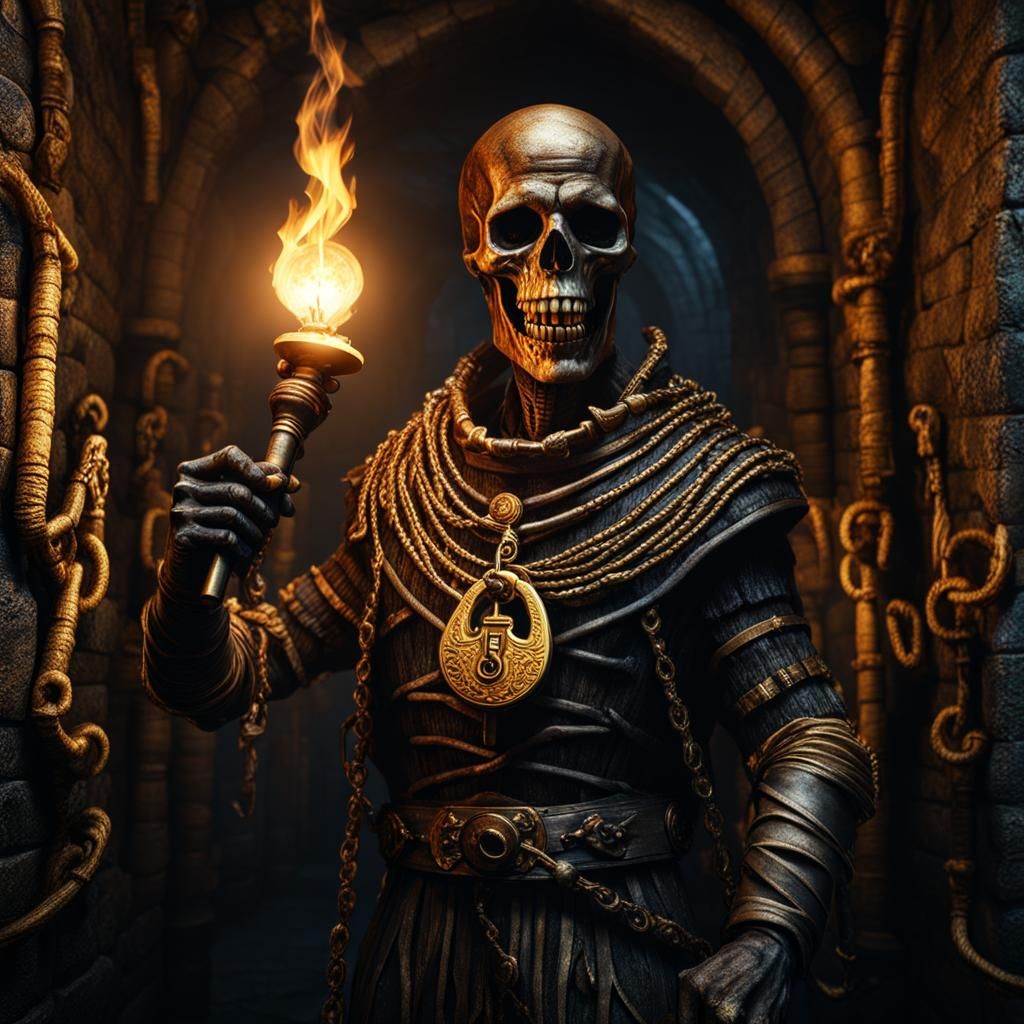 Sinister Mummy with Key in Dark Dungeon