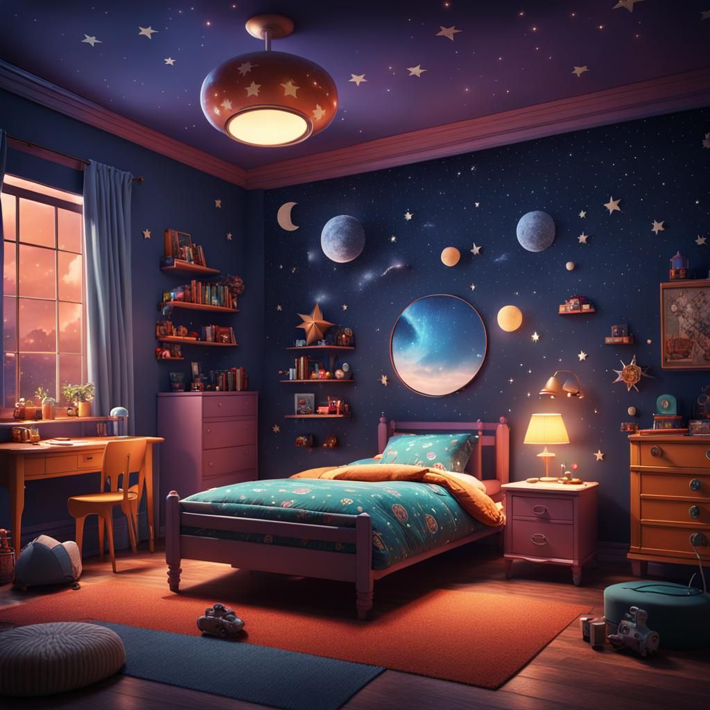 Night-Sky Hued Retro Child's Bedroom in Matte Painting Style