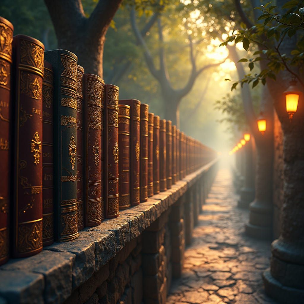Majestic Row of Ancient Leather-Bound Tomes in Fantastical L...