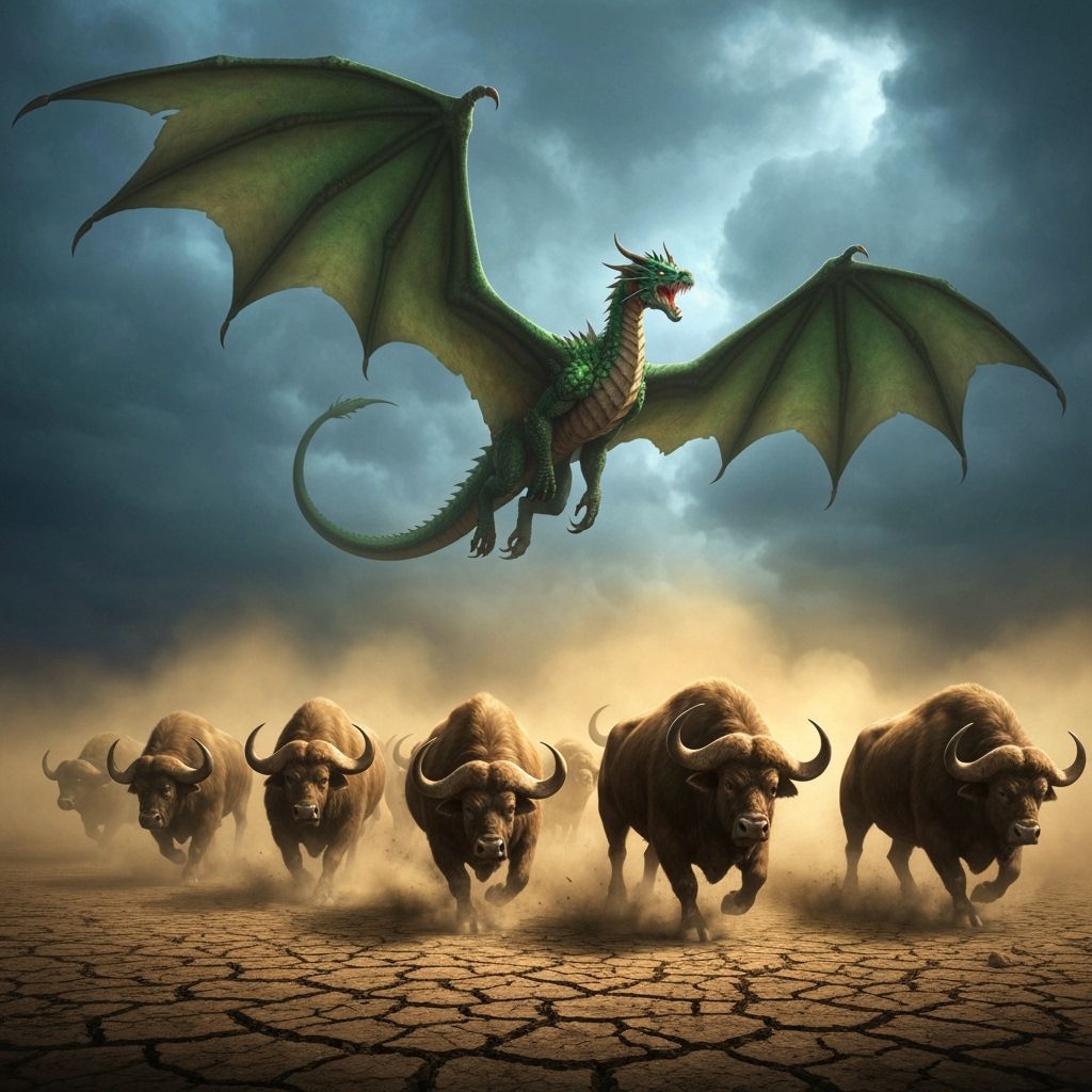 Majestic Dragon Soars Over Stampeding Buffalo Herd