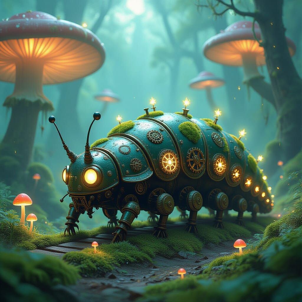 Clockwork Caterpillar Automaton in Luminescent Mushroom Fore...