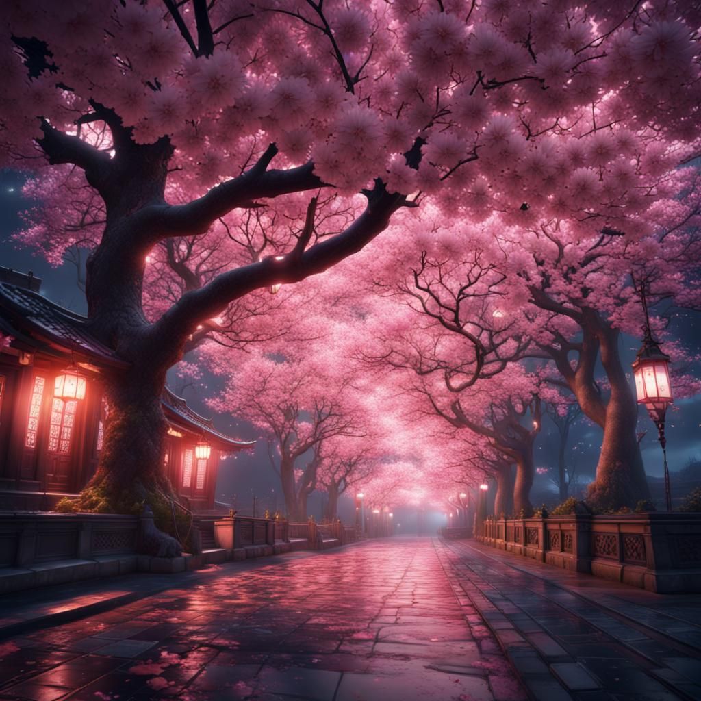 Glowing Cherry Blossoms at Night: Fantasy Concept Art