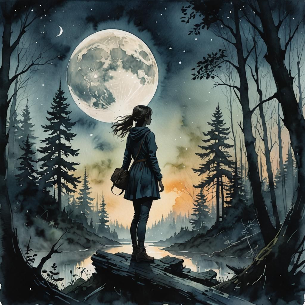 Silhouette of Girl in Forest Watercolor Illustration